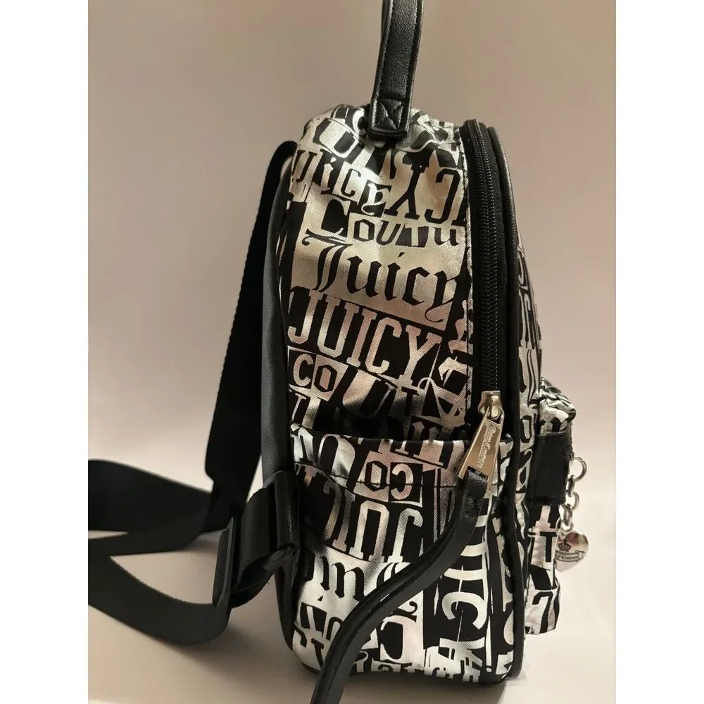 Juicy Couture Y2K Metallic Silver And Black Mini Backpack With Multi Pockets